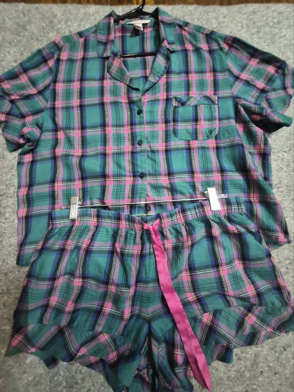 Victoria's Secret Plaid Pajama Short Set L Green Pink Cotton Modal 2pc